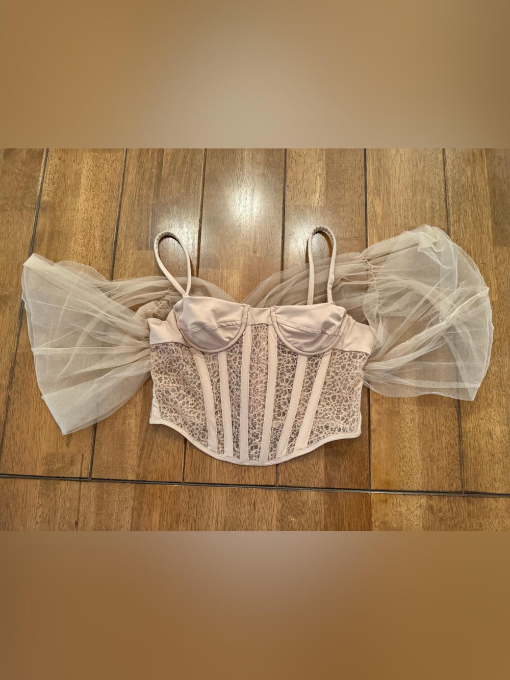 ALIEVA Nude Lace Corset Bustier Top Off the Shoulder Tulle Sleeves Ren faire